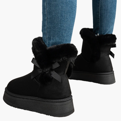 Damen Winter Stiefel mit Fellbesatz und Schleife – Warme, modische Winterboots für Alltag und Freizeit