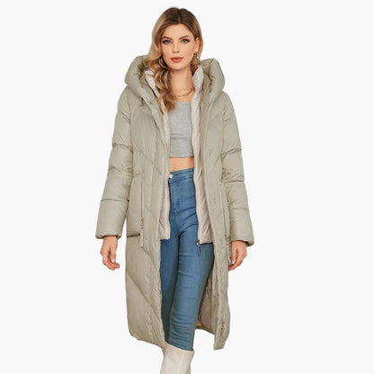 Damen Winter Steppmantel mit Kapuze, langer Daunenstil, modisch und warm für Alltag & Freizeit