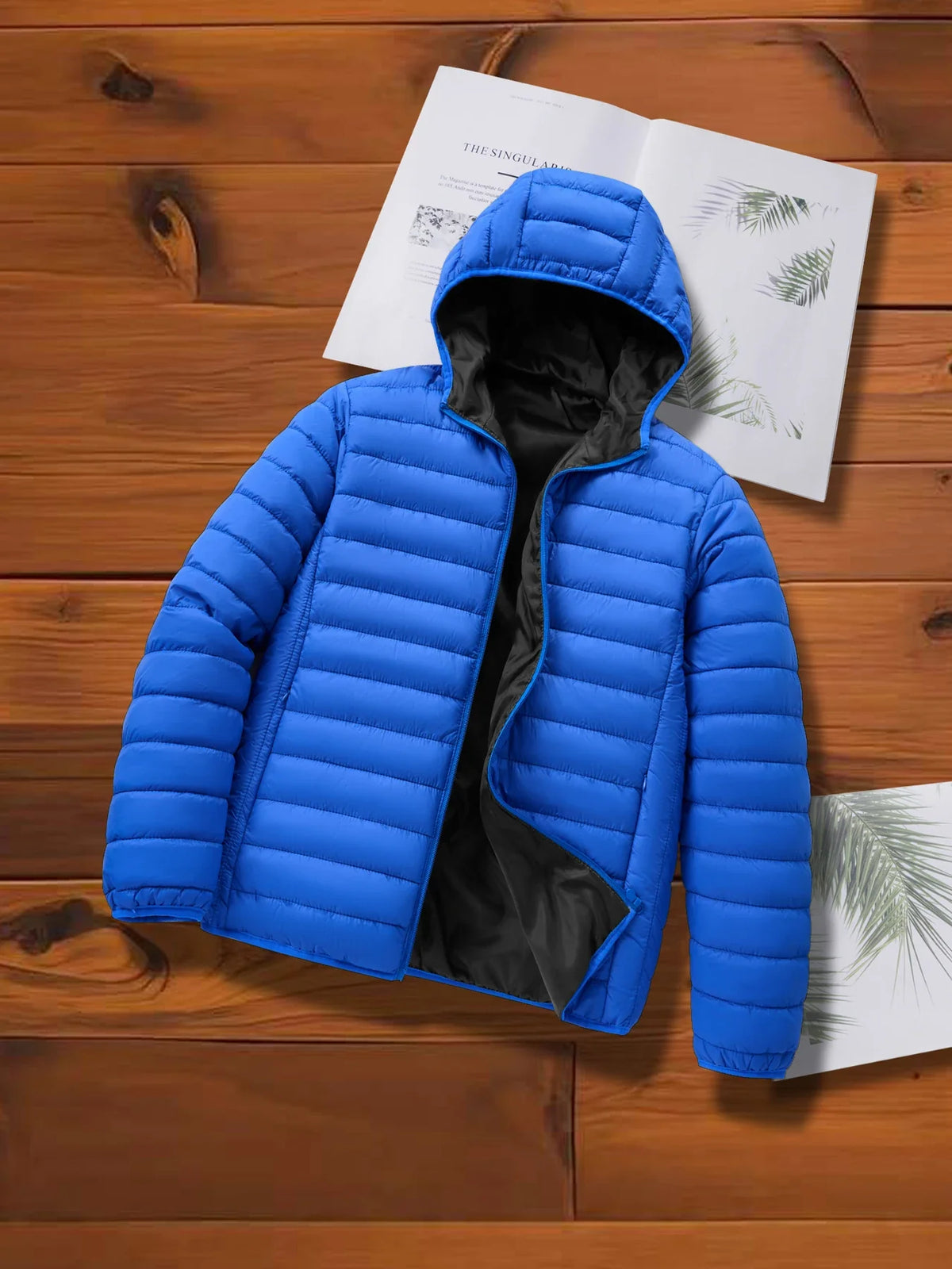 Gesteppte Daunenjacke mit Kapuze für Herren, Reißverschluss, Winterjacke