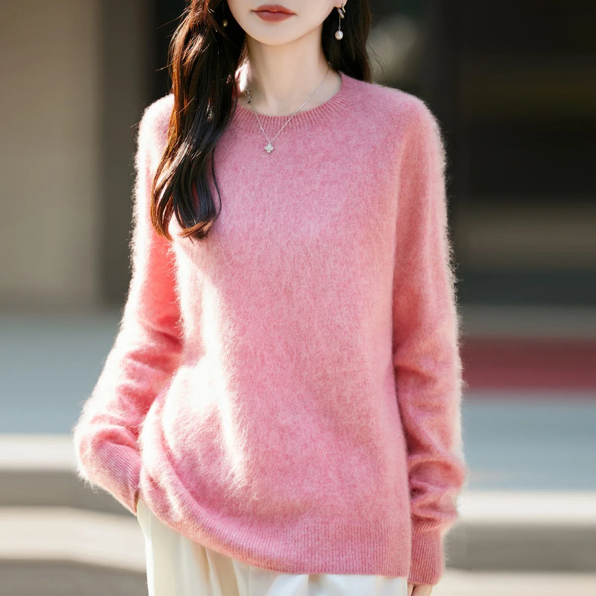 Damen Pullover Rundhals Langarm Strickpullover Weiche Optik