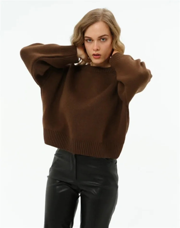 Damen Oversized Pullover Strickpullover Rundhals Langarm Weiß