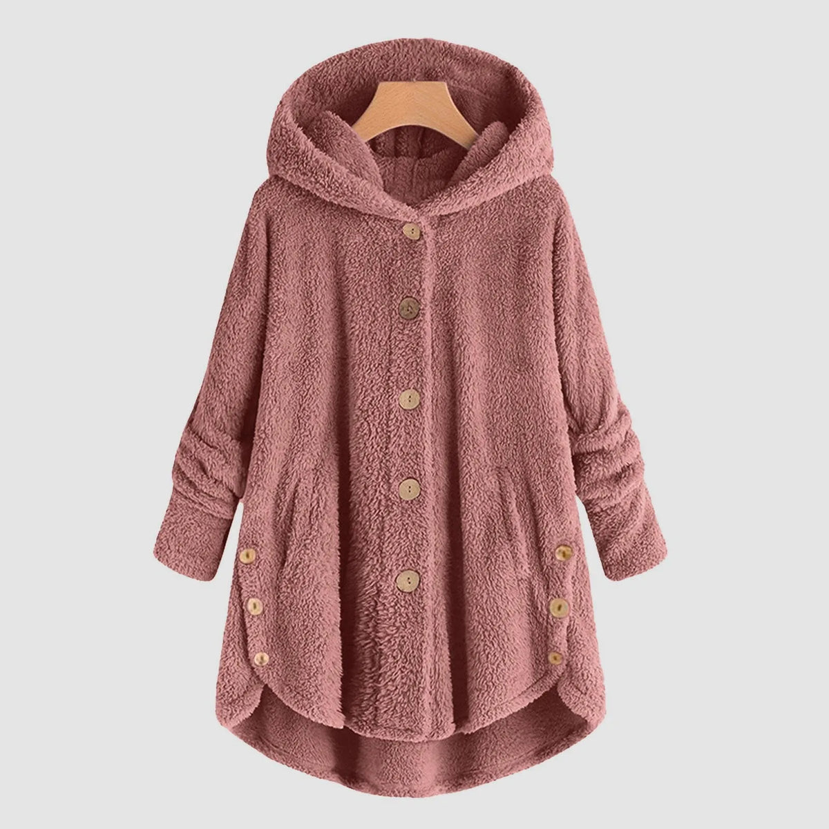 Damen Kuschelige Kapuzenjacke aus Fleece mit Holzknöpfen