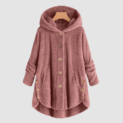 Damen Kuschelige Kapuzenjacke aus Fleece mit Holzknöpfen