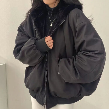Damen Bomberjacke Wendejacke mit Kapuze Teddyfutter