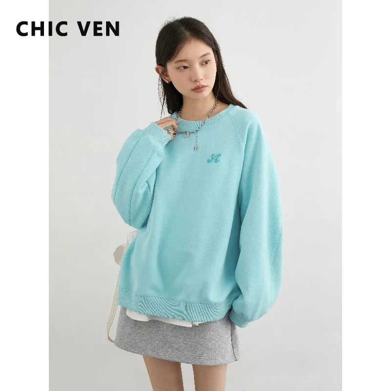 Damen Sweatshirt Rundhals Langarm Bestickt Türkis