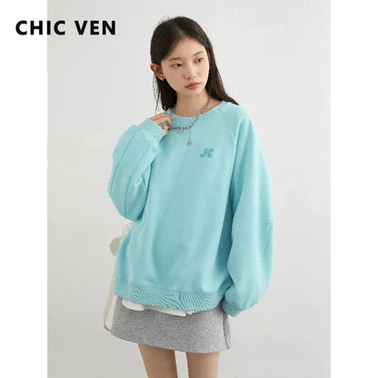 Damen Sweatshirt Rundhals Langarm Bestickt Türkis