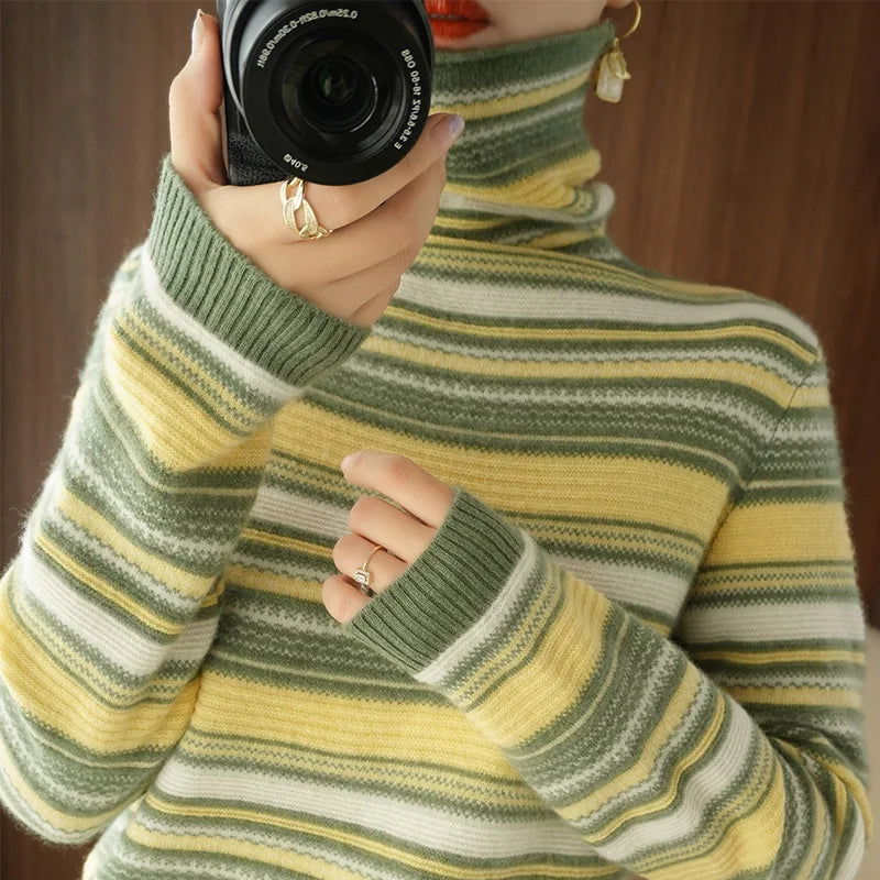 Damen Strickpullover mit Rollkragen – Modischer Streifenpullover für Herbst und Winter