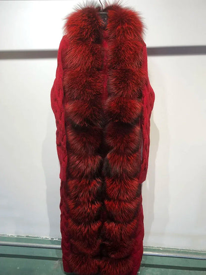 Damen Strickmantel Lang mit Kunstfellbesatz Zopfmuster Kapuze Winter