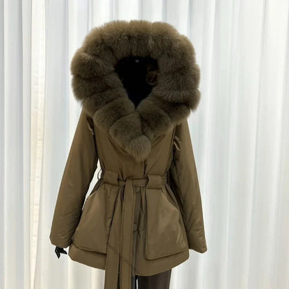 Damen Winterjacke mit Fellkapuze und Bindegürtel, Schwarz
