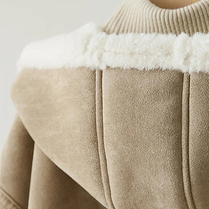 Damen Kurzmantel mit Kapuze Braun Kunstfellfutter Teddyfutter