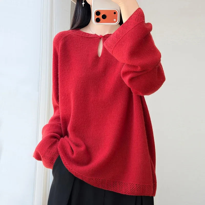 Damen Pullover Langarm Rundhals mit Lochdetails Hellrosa