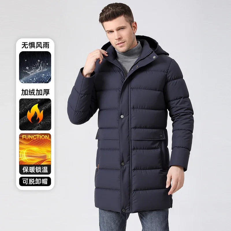 Herren Daunenmantel lang Winter Steppmantel mit Kapuze gepolstert