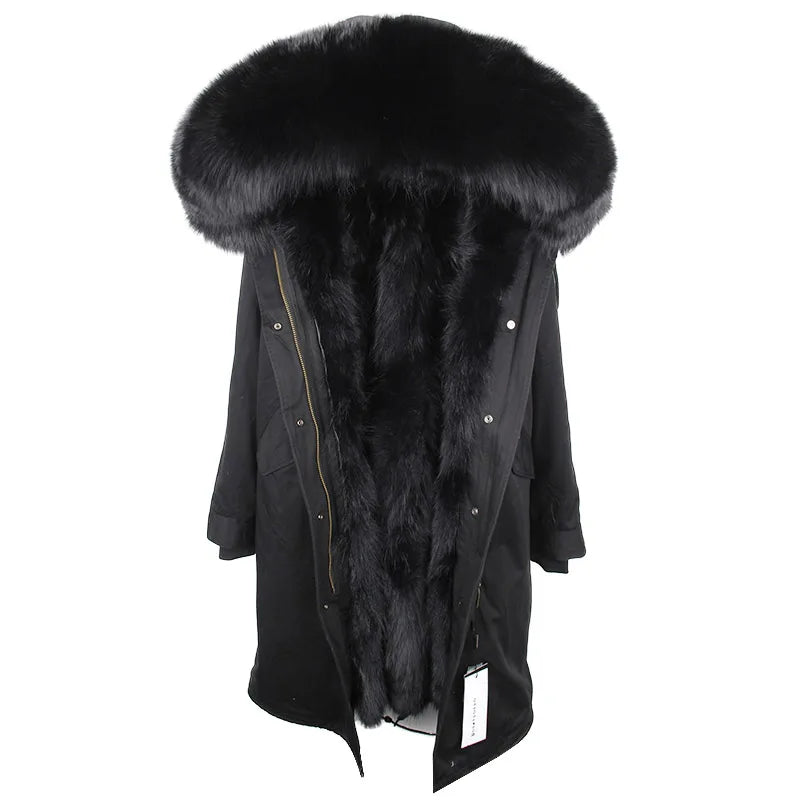 Damen Winterparka Schwarz mit Pelzbesatz Kapuze Lang