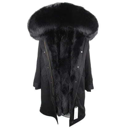 Damen Winterparka Schwarz mit Pelzbesatz Kapuze Lang