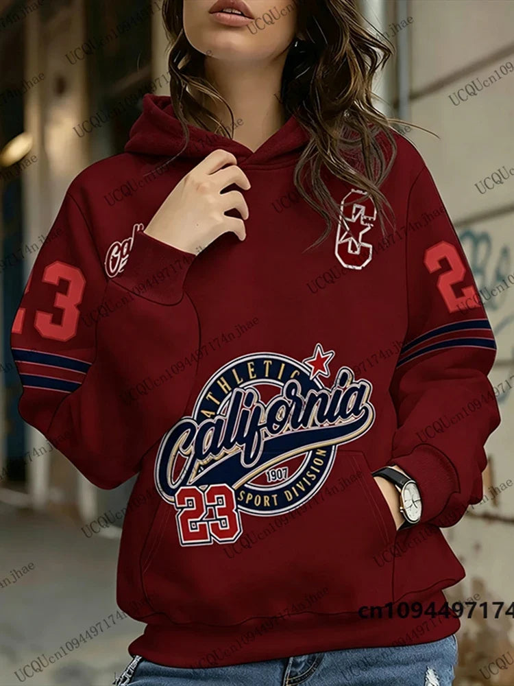 Damen Hoodie Kapuzenpullover mit California Sport Print und Bauchtasche