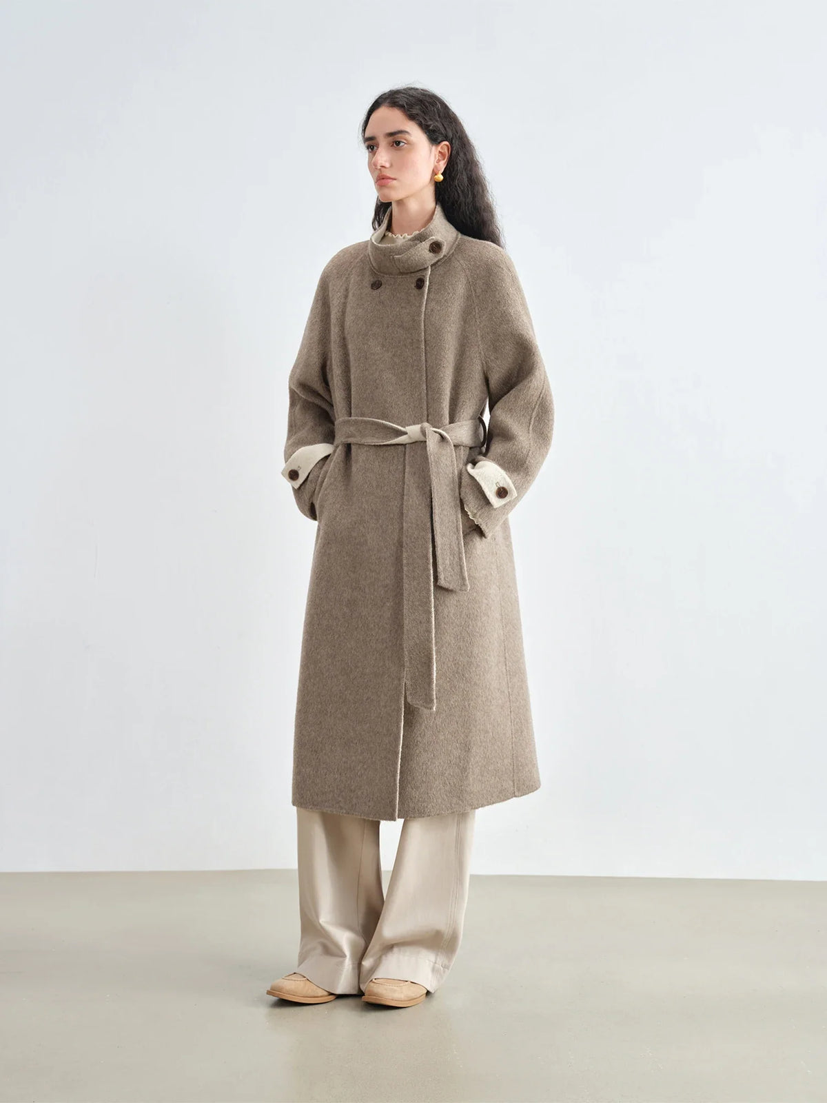 Damen Mantel Lang Wickeldesign Braun Stehkragen