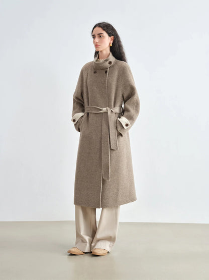 Damen Mantel Lang Wickeldesign Braun Stehkragen