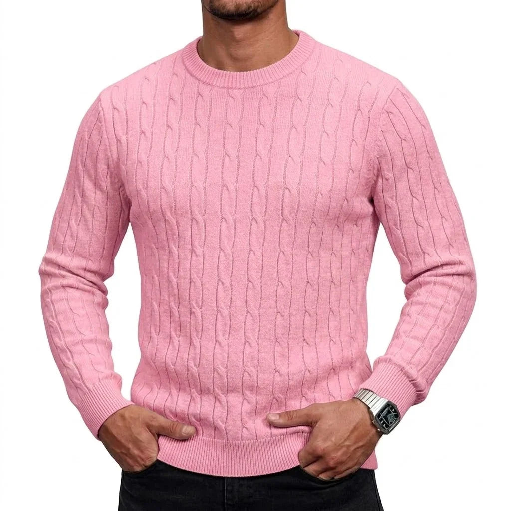 Herren Zopfmuster Pullover Rundhals Langarm Strickpullover Rippbündchen Slim Fit