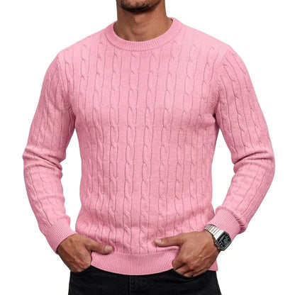 Herren Zopfmuster Pullover Rundhals Langarm Strickpullover Rippbündchen Slim Fit
