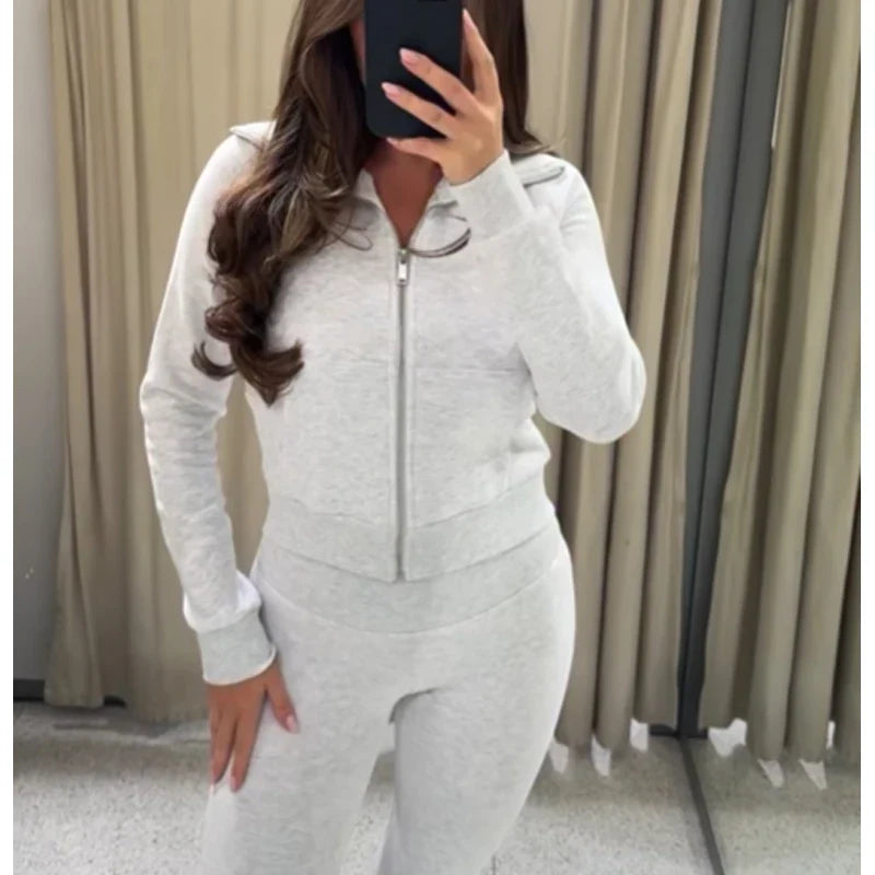 Damen Sweatjacke Reißverschluss Stehkragen & Flare-Hose Set Sportlicher Look