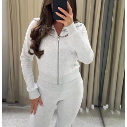 Damen Sweatjacke Reißverschluss Stehkragen & Flare-Hose Set Sportlicher Look
