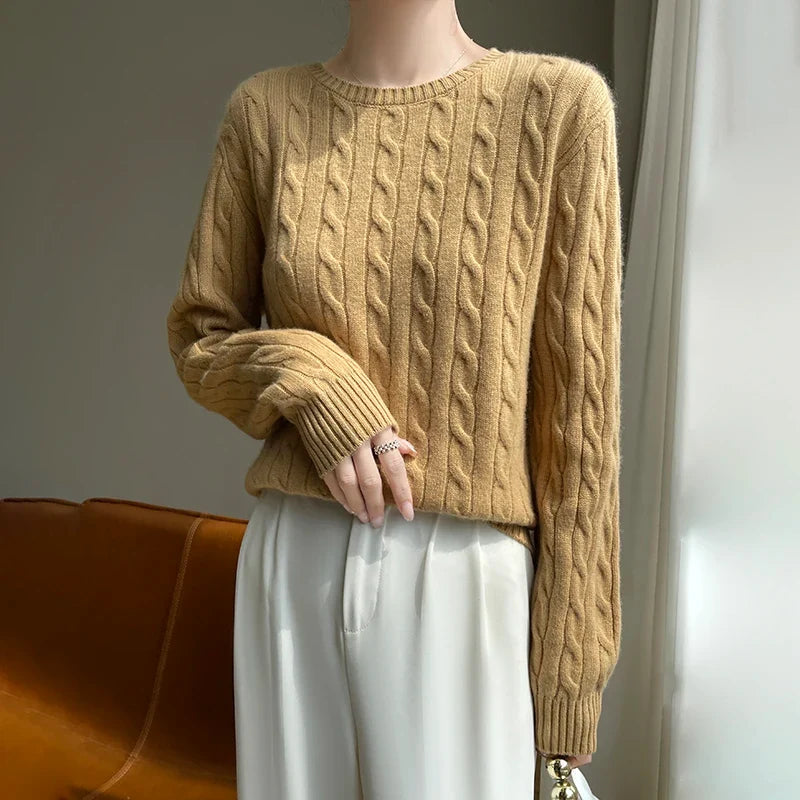 Damen Strickpullover Zopfmuster Rundhals Langarm