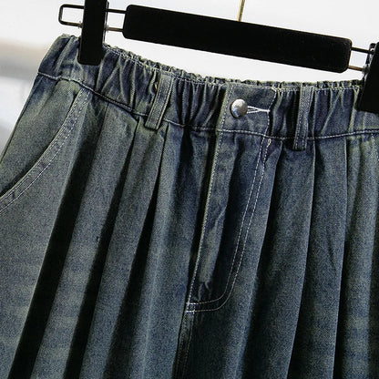 Loose Fit Jeans Damen Retro Wash Denim Hose mit weitem Bein und Gummibund