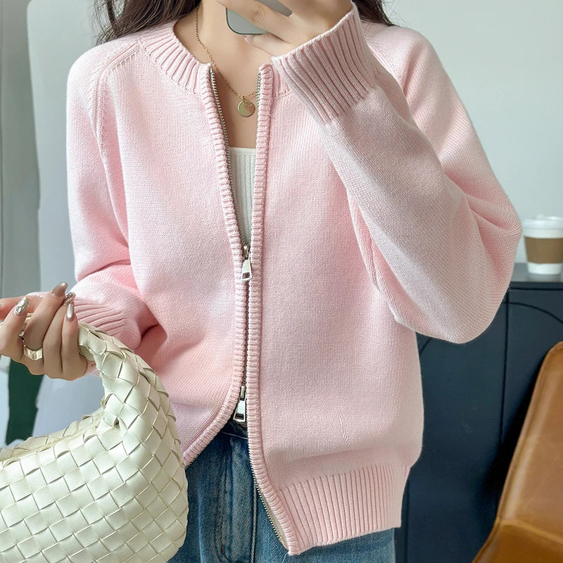 Damen Strickjacke mit Reißverschluss, Langarm, Rundhals