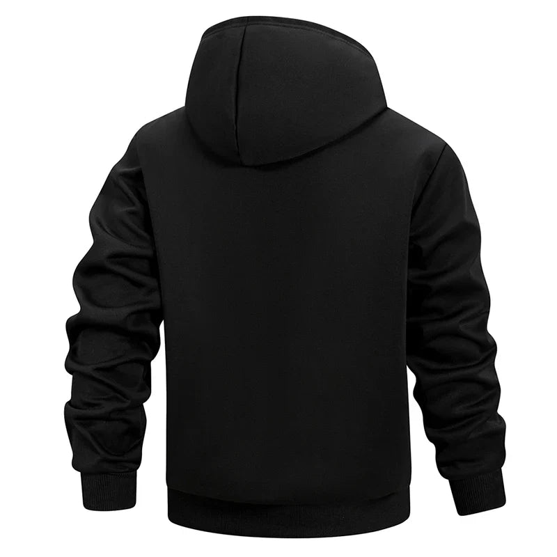 Herren Kapuzenjacke mit Reißverschluss, warmes Fleecefutter, Schwarz