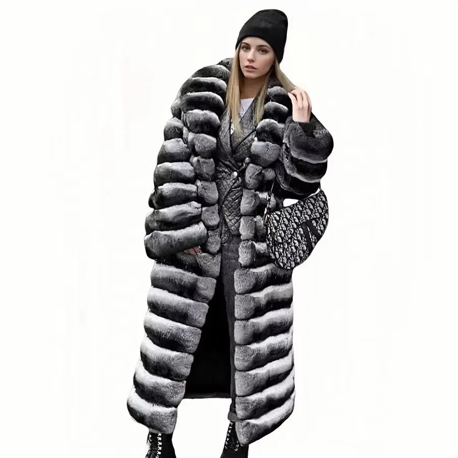Damen Mantel Lang Pelzoptik Gestreift Grau Schwarz Winter Elegant
