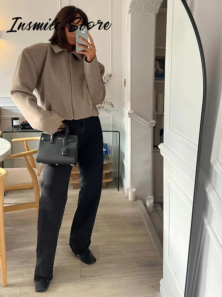 Kurze Jacke für Damen, lockerer Schnitt, Reißverschluss, Kragen, in verschiedenen Farben
