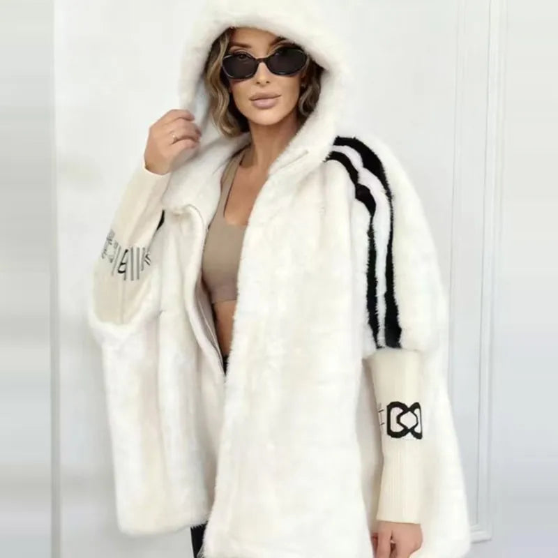 Damen Hoodie Jacke Plüsch Optik mit Strickärmeln und Reißverschluss