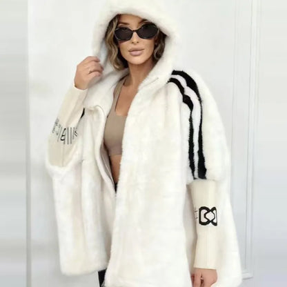 Damen Hoodie Jacke Plüsch Optik mit Strickärmeln und Reißverschluss