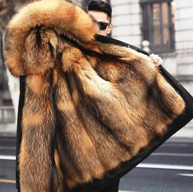 Herren Winterparka Schwarz mit Kapuze und luxuriösem Futter im Pelz-Look