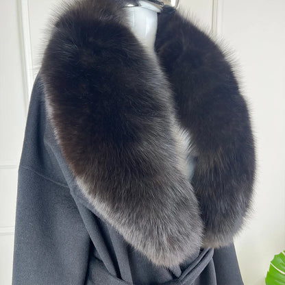 Damen Mantel Schwarz mit Großem Kunstpelz Kragen Bindegürtel Midi-Länge