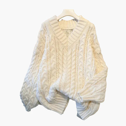 Damen Strickpullover im Zopfmuster-Stil – Gemütlicher V-Ausschnitt für Alltag & Freizeit