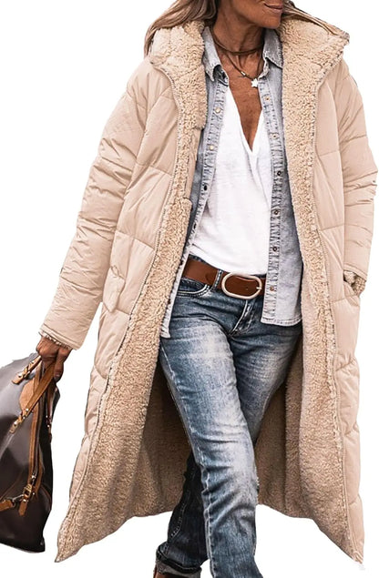 Damen Steppmantel Lang Winter Daunen-Optik mit Teddyfutter Kapuze