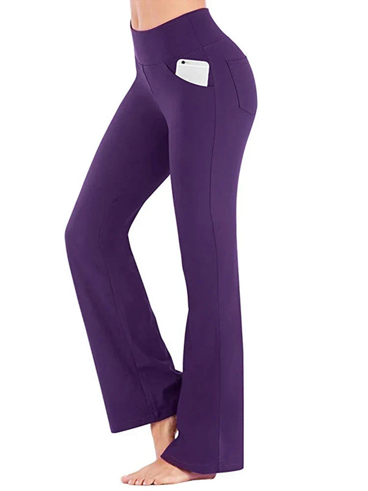 Damen Bootcut Hose mit hohem Bund und Taschen für Sport & Freizeit
