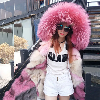 Damen Winterparka mit Kapuze & Pelzimitat-Futter in Rosa