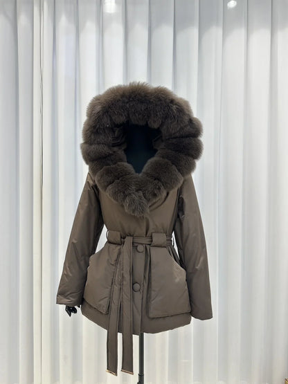Damen Winterjacke mit Fellkapuze und Bindegürtel, Schwarz