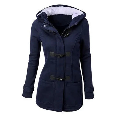Damen Dufflecoat mit Kapuze und Knebelknöpfen - Warmer Wintermantel mit Teddyfutter