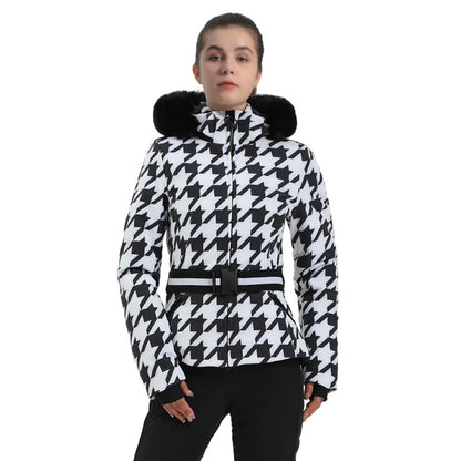 Damen Skijacke mit Kunstfellkapuze & Gürtel, Schwarz-Beige Hahnentritt