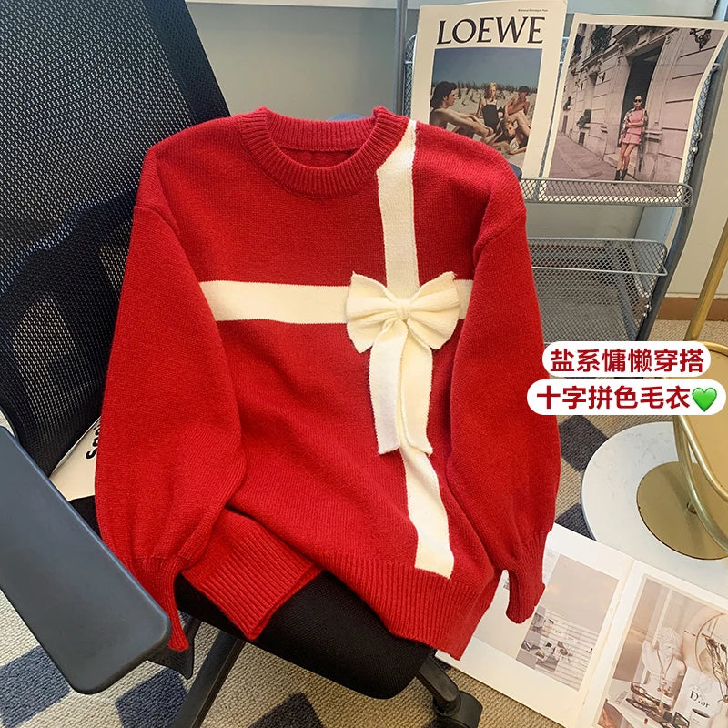 Roter Damen Pullover mit Schleifen-Applikation Rundhals