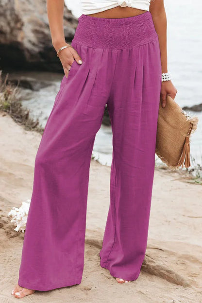 Damen Leinenhose mit weitem Bein und gerafftem Bund, lockere Freizeithose