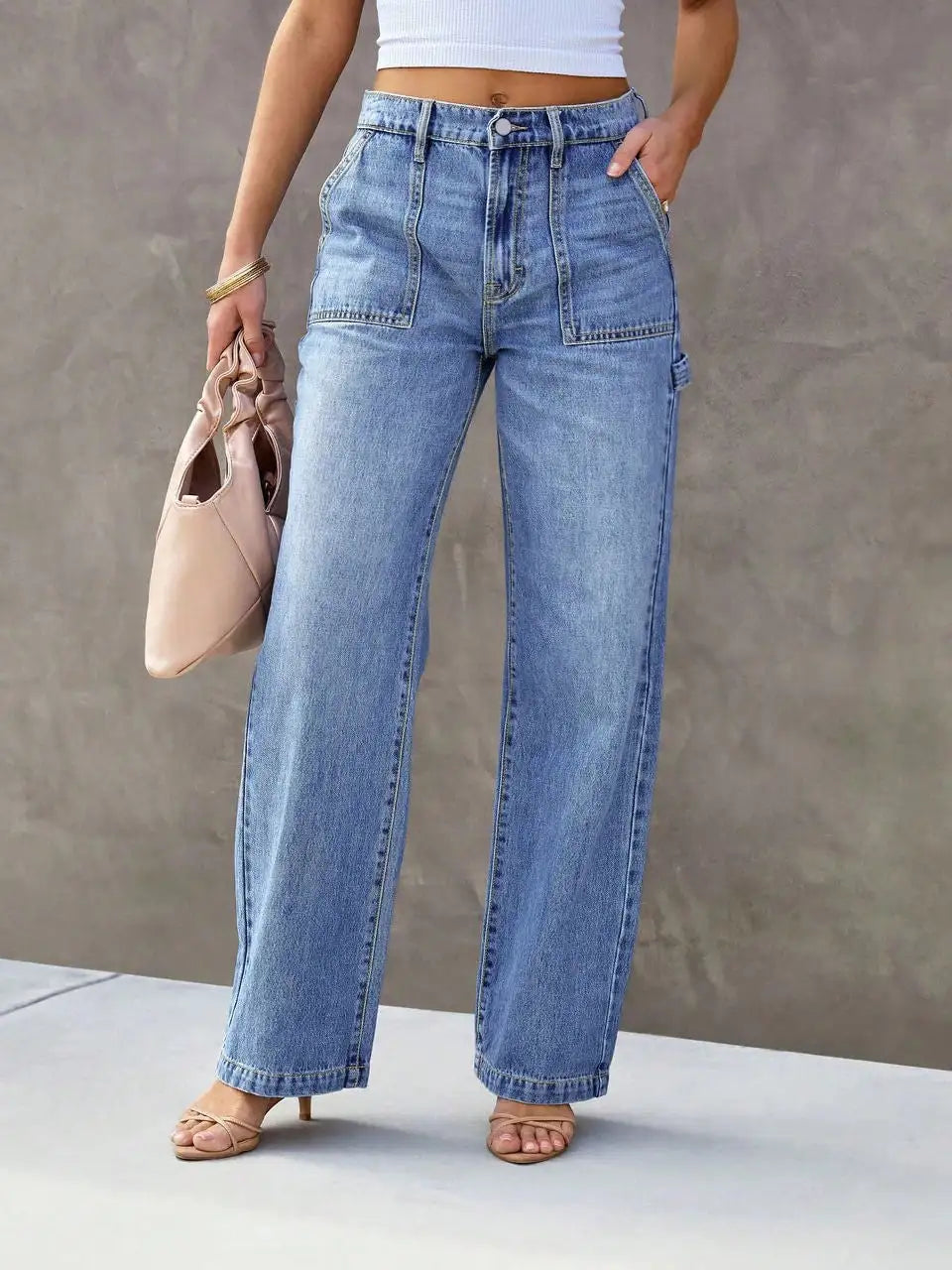 Damen Jeans Workerhose mit weitem Bein, Hellblau, High Waist, Vordertaschen
