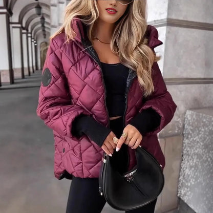 Damen Steppjacke mit Kapuze Rautenmuster Reißverschluss Bordeauxrot