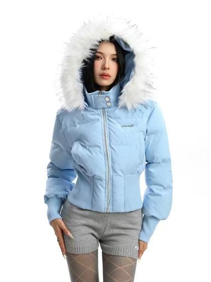 Damen Steppjacke Kurz Kunstpelz Kapuze Schwarz Hellblau