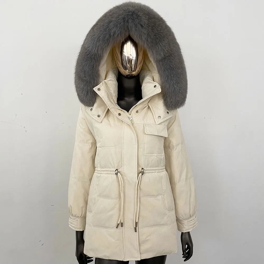 Damen Winter Parka mit Kapuze und Fellkragen Tunnelzug Weiß