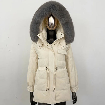 Damen Winter Parka mit Kapuze und Fellkragen Tunnelzug Weiß