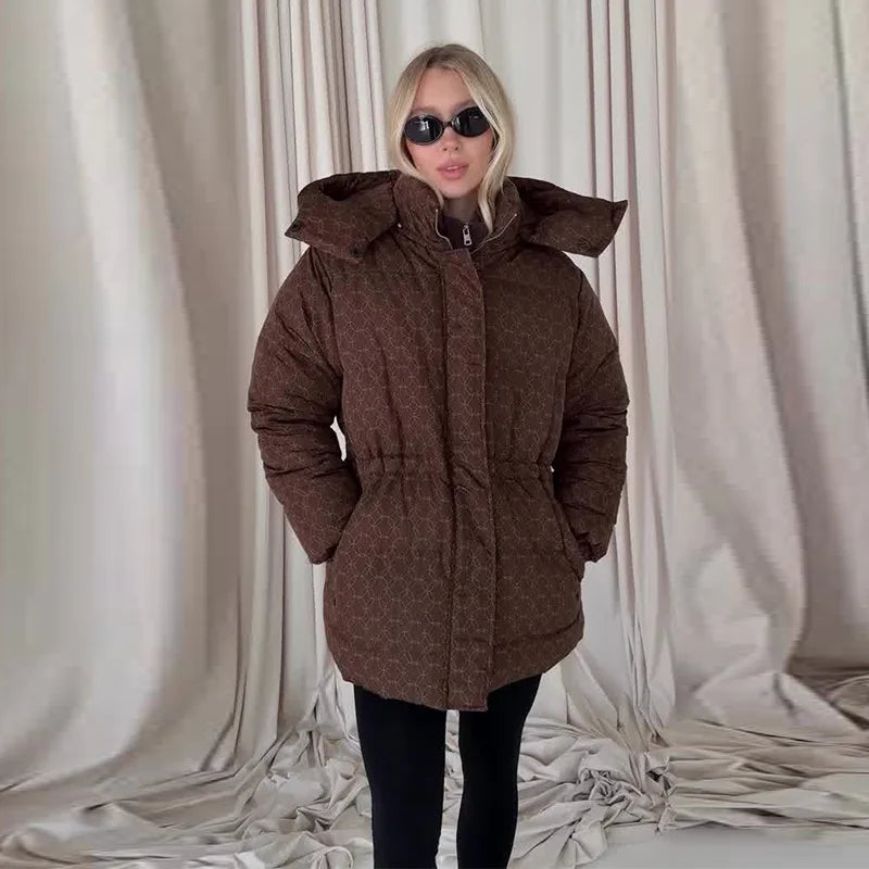 Damen Steppjacke mit Kapuze und Kordelzug, kurzer Puffermantel, gemustert